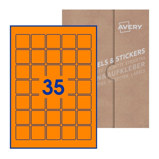 Hoja blanca con 35 etiquetas cuadradas de 35x35 mm con embalaje de papel - Etiquetas adhesivas cuadradas Avery 35 x 35mm