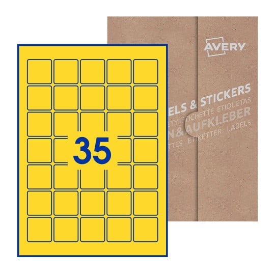Hoja blanca con 35 etiquetas cuadradas de 35x35 mm con embalaje de papel - Etiquetas adhesivas cuadradas Avery 35 x 35mm