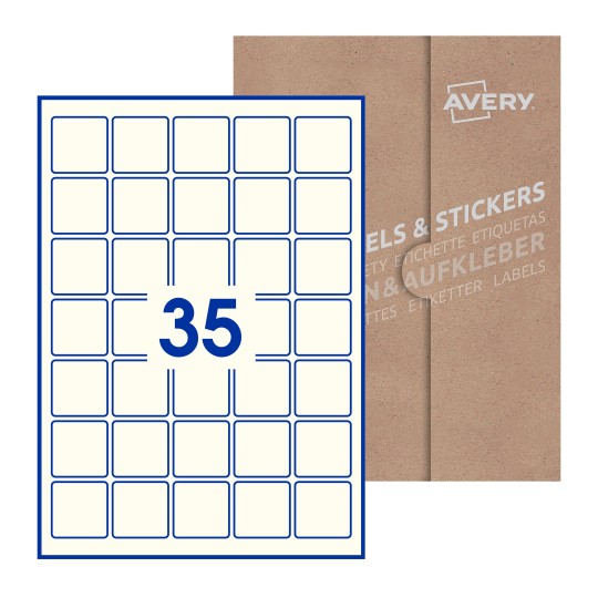 Hoja blanca con 35 etiquetas cuadradas de 37x37 mm con embalaje de papel - Etiquetas adhesivas cuadradas Avery 37 x 37mm