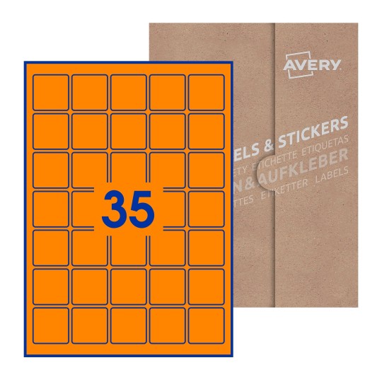 Hoja blanca con 35 etiquetas cuadradas de 37x37 mm con embalaje de papel - Etiquetas adhesivas cuadradas Avery 37 x 37mm