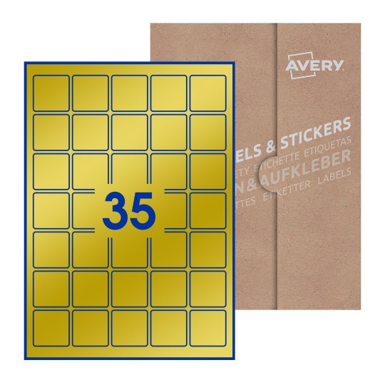 Hoja blanca con 35 etiquetas cuadradas de 37x37 mm con embalaje de papel - Etiquetas adhesivas cuadradas Avery 37 x 37mm