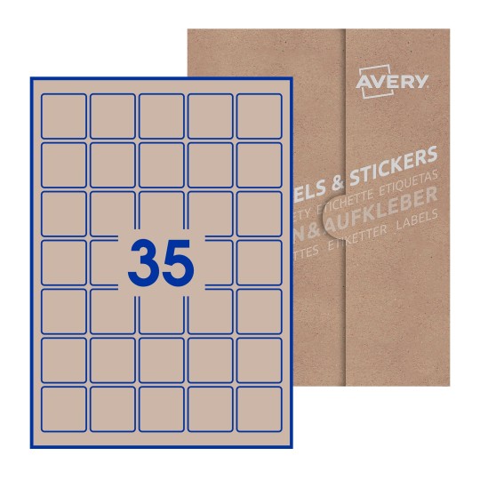 Hoja blanca con 35 etiquetas cuadradas de 37x37 mm con embalaje de papel - Etiquetas adhesivas cuadradas Avery 37 x 37mm