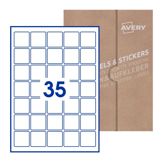 Hoja blanca con 35 etiquetas cuadradas de 37x37 mm con embalaje de papel - Etiquetas adhesivas cuadradas Avery 37 x 37mm