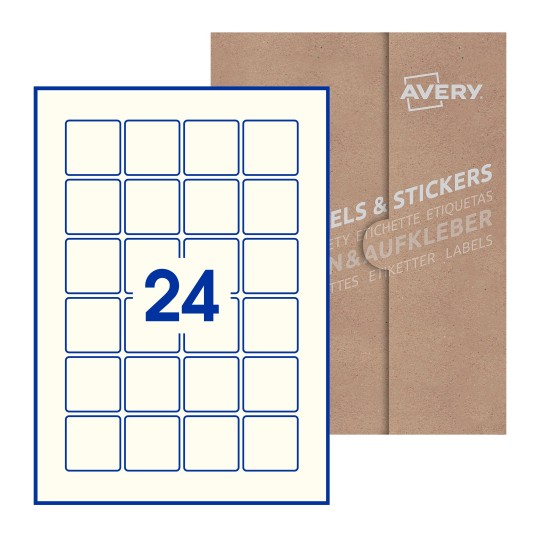 Hoja blanca con 24 etiquetas cuadradas de 40x40mm con embalaje de papel - Etiquetas adhesivas cuadradas Avery 40 x 40mm