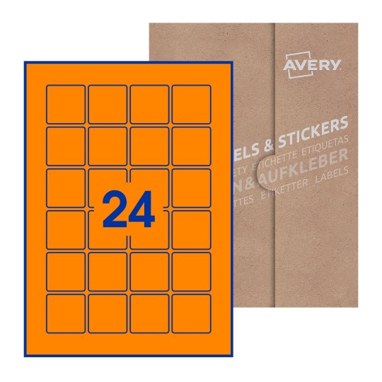 Hoja blanca con 24 etiquetas cuadradas de 40x40mm con embalaje de papel - Etiquetas adhesivas cuadradas Avery 40 x 40mm