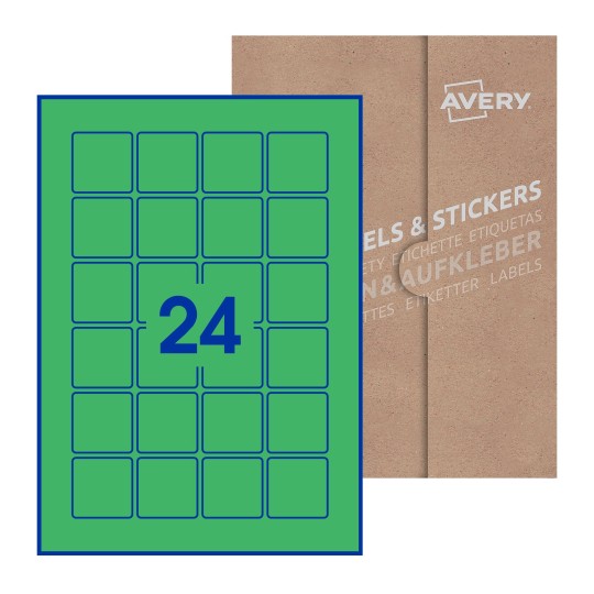 Hoja blanca con 24 etiquetas cuadradas de 40x40mm con embalaje de papel - Etiquetas adhesivas cuadradas Avery 40 x 40mm