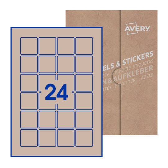 Hoja blanca con 24 etiquetas cuadradas de 40x40mm con embalaje de papel - Etiquetas adhesivas cuadradas Avery 40 x 40mm