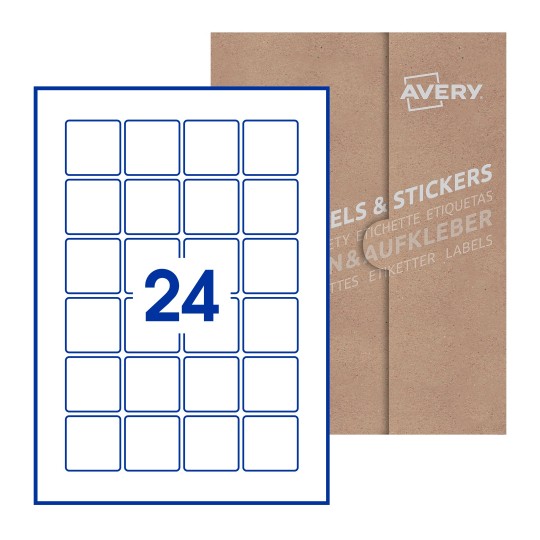 Hoja blanca con 24 etiquetas cuadradas de 40x40mm con embalaje de papel - Etiquetas adhesivas cuadradas Avery 40 x 40mm