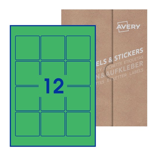 Hoja blanca con 12 etiquetas cuadradas de 60x60mm con embalaje de papel - Etiquetas adhesivas cuadradas Avery 60 x 60mm