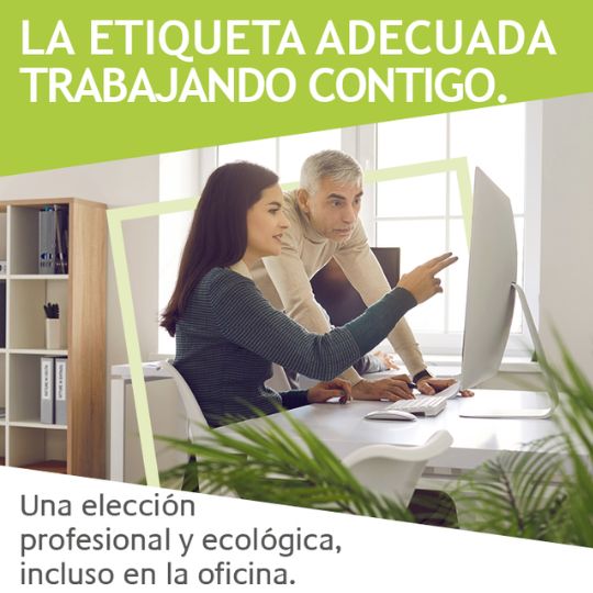 Pancarta verde y blanca con la inscripción: la etiqueta adecuada trabajando contigo