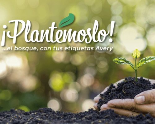 Manos sosteniendo tierra con una plántula. Texto '¡Plantemoslo! el bosque, con tus etiquetas Avery' sobre fondo verde