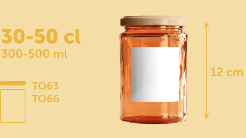 Tarro de miel con etiqueta adhesiva cuadrada para tarros de 300-500 ml (30-50 cl) de 12 cm de altura