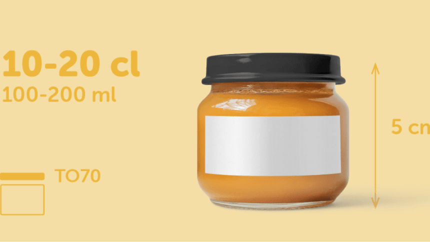 Tarro con etiqueta adhesiva rectangular para tarros de 100-200 ml (10-20 cl) de 5 cm de altura