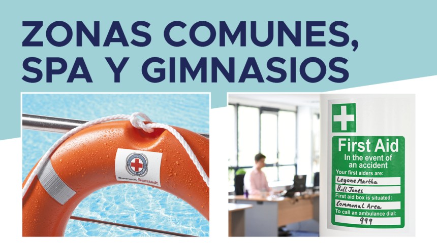 Zonas exteriores con imágenes de señalización y señalización de emergencia.Arriba,el texto "zonas comunes,spa y gimnasios"