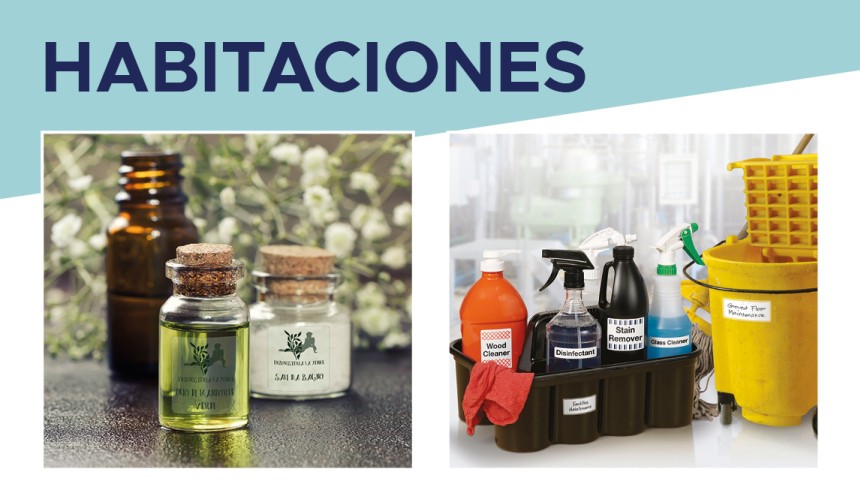 Dos imágenes con diferentes productos con etiquetas adhesivas aplicadas.Arriba, el texto "habitaciones"