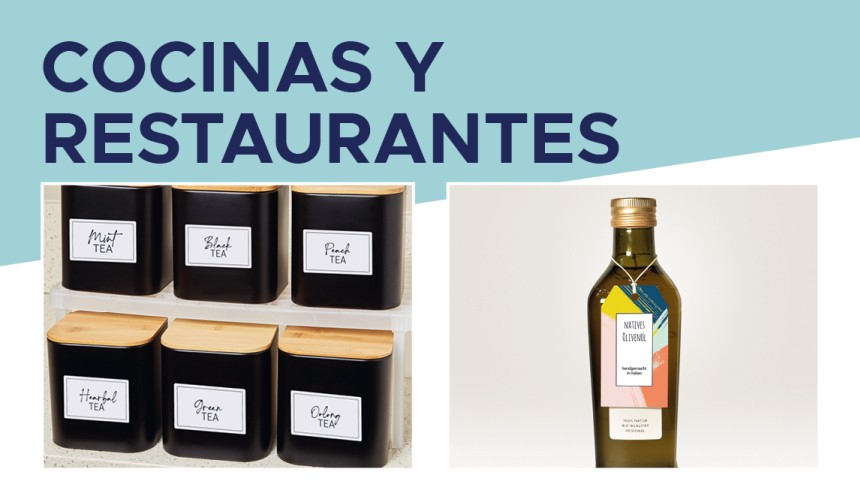 Tarros de especias y una botella de aceite de oliva con etiqueta sobre fondo blanco.Arriba, el texto "cocinas y restaurantes"