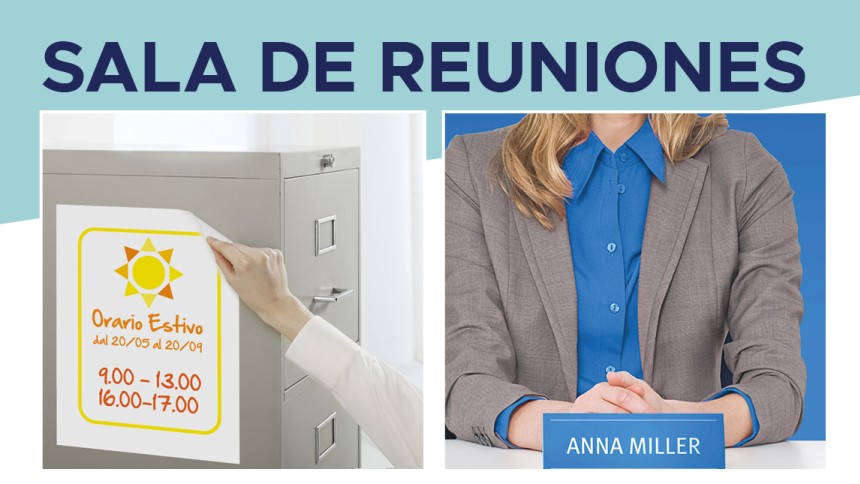 Cartel adhesivo con el horario impreso y portanombre con el nombre del participante.Arriba, el texto "sala de reuniones"