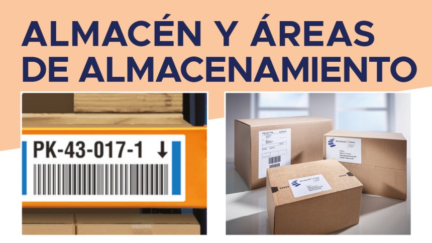 Etiquetas con códigos de barras en estanterías y paquetes con etiquetas. Arriba, el texto "almacén y áreas de almacenamiento"