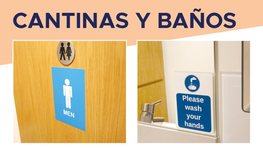 Adhesivos informativos para cuartos de baño. Arriba el texto "cantinas y baños"