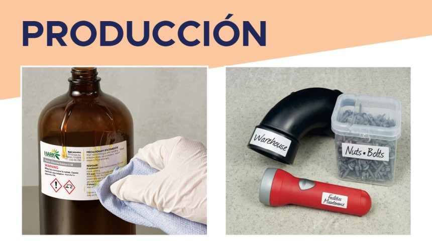 Botella marrón etiquetada e instrumentos de laboratorio etiquetados con el nombre. Arriba el texto "producción"