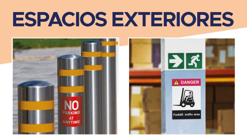 Espacios exteriores con imágenes de carteles y señales de emergencia. Arriba, el texto "espacios exteriores"
