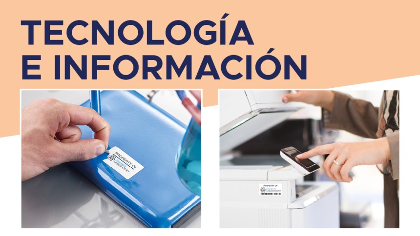 Imagen de una mano aplicando una etiqueta adhesiva a varias herramientas. Arriba, el texto "tecnología e información"