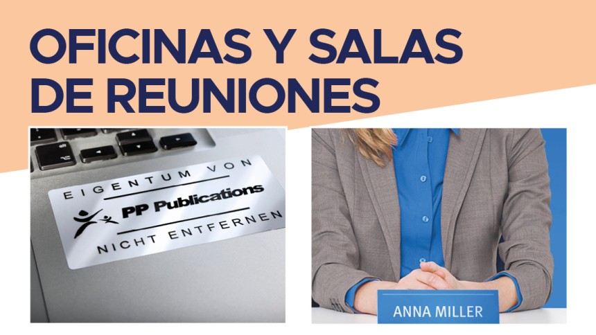 Pc con etiqueta plateada y portanombre de mesa con el nombre del participante.Arriba el texto "oficinas y salas de reuniones"