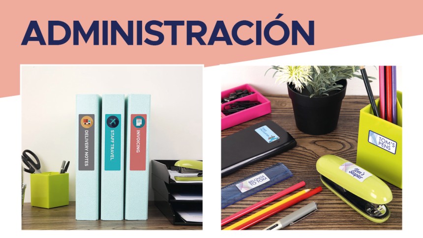 Escritorio con carpetas etiquetadas, bolígrafos y artículos de papelería. Arriba, el texto "administración"