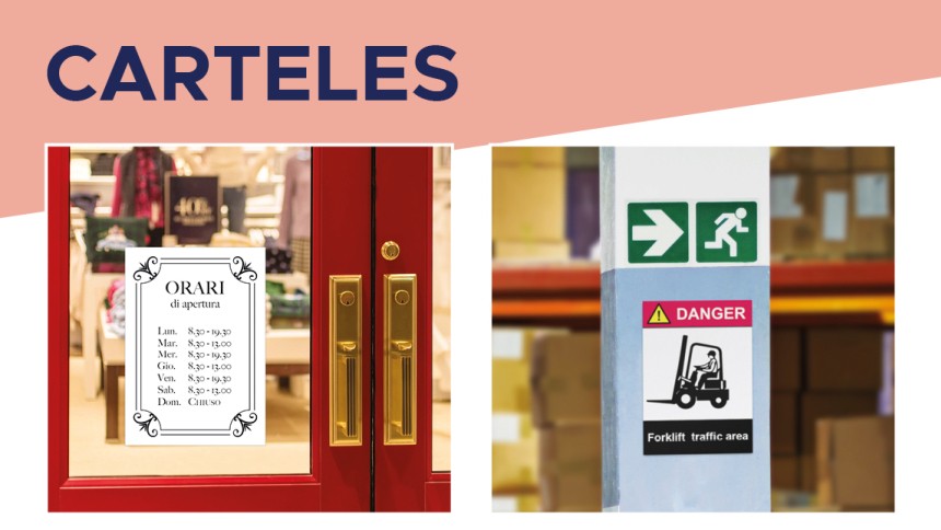 Espacios exteriores con imágenes de carteles y señales de emergencia. En la parte superior, el texto  "carteles"