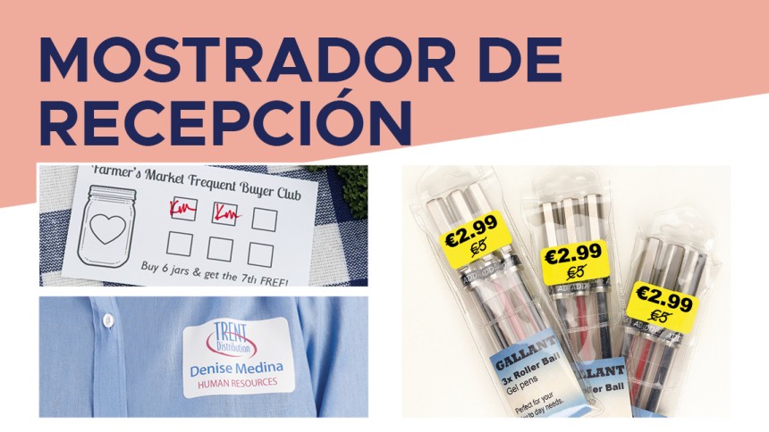 Tickets para acumular puntos y etiquetas amarillas para promocionar productos. Arriba, el texto "mostrador de recepción"