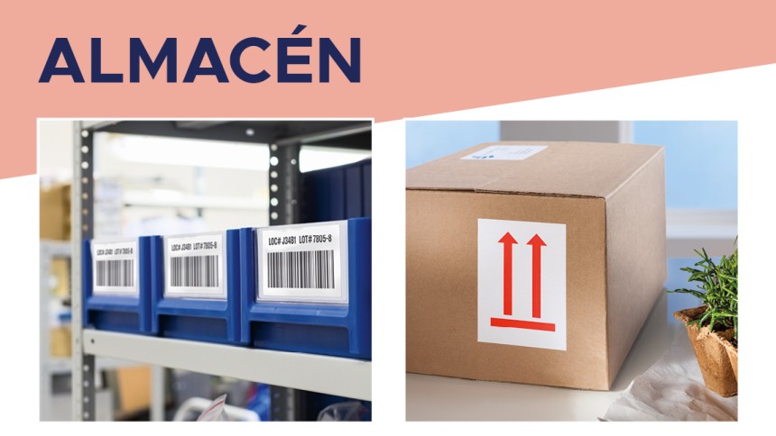 Etiqueta impresa con código de barras en la estantería y paquetes con etiquetas adhesivas. Arriba, el texto  "almacén"