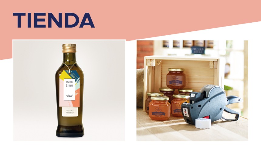 Botella con etiqueta colgantes e interior de una tienda con productos etiquetados. En la parte superior, el texto "tienda"
