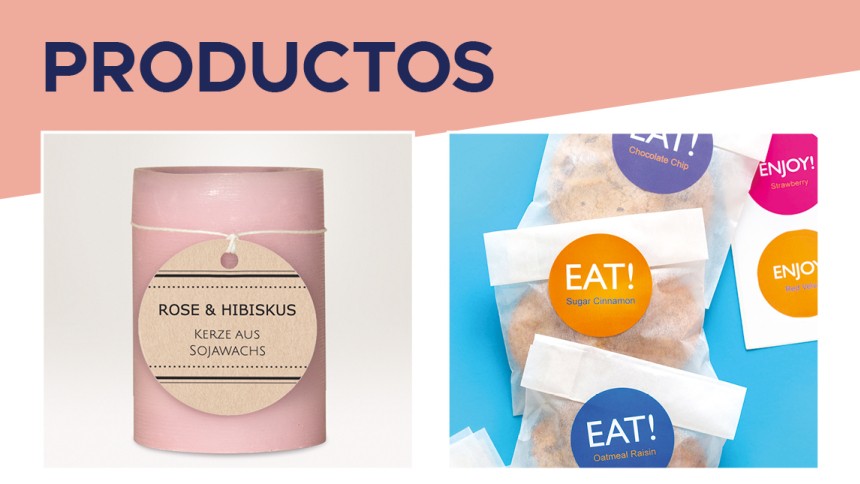 Vela rosa con etiquetas colgantes y bolsas de comida con etiquetas redondas impresas. El texto productos en la parte superior