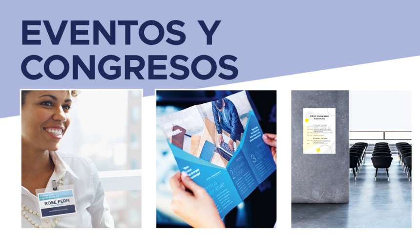 carteles adhesivos impresos con información sobre eventos corporativos. En la parte superior, el texto "eventos y congresos"