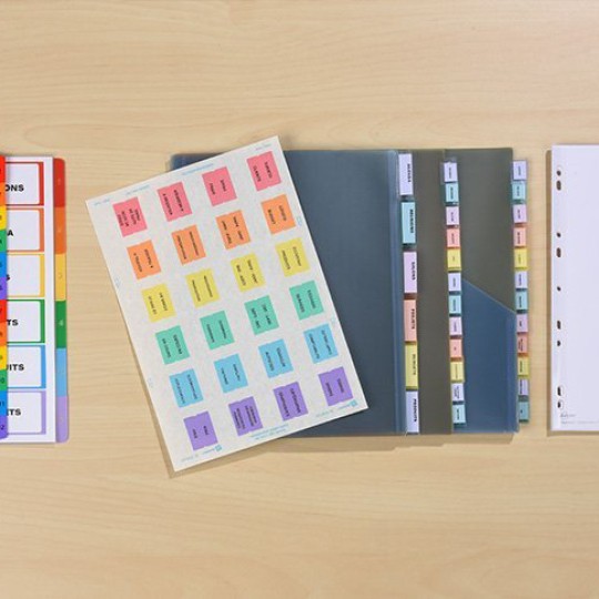 Selección de separadores para archivador, de varios tipos y colores, con etiquetas en español