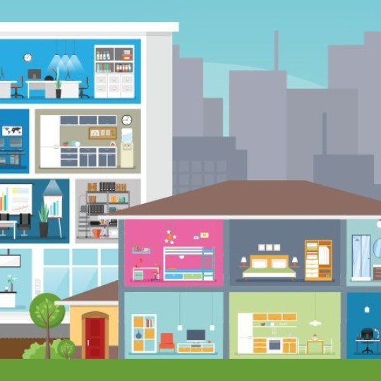 Ilustración de corte transversal de edificio de oficinas y casa con interiores visibles