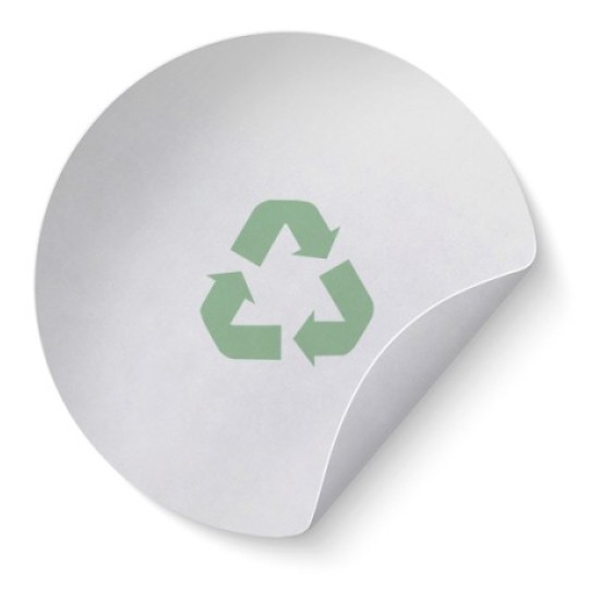 Etiqueta adhesiva redonda que muestra el material: papel reciclado