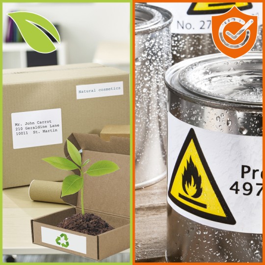 Izquierda,caja de envío ecológica con planta y reciclaje; derecha, latas con etiqueta de advertencia de materiales peligrosos