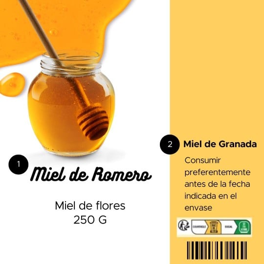 Etiqueta reglamentaria para la miel. Imagen de un tarro de miel y texto con la información obligatoria para la miel