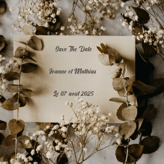 Invitación de boda Save-the-Date con texto y motivos florales