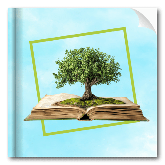 Árbol y libro sobre fondo celeste
