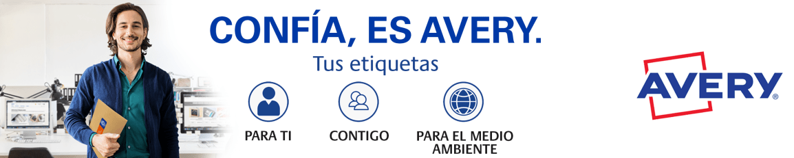 Hombre en oficina con paquete y texto: Confía, es Avery. Tus etiquetas