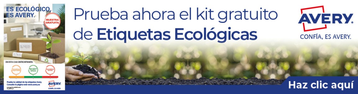 Anuncio de Avery: 'Prueba ahora el kit gratuito de Etiquetas Ecológicas'. Imagen de manos con tierra y plántula