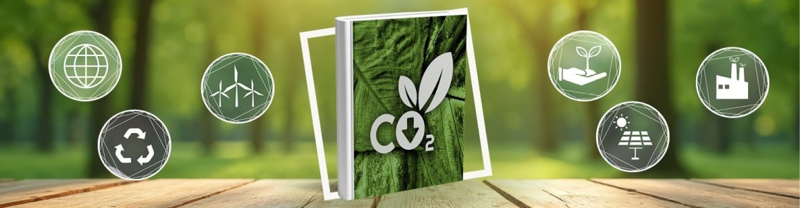 banner con Libro en primer plano y en la portada el logo co2 con diferentes iconos