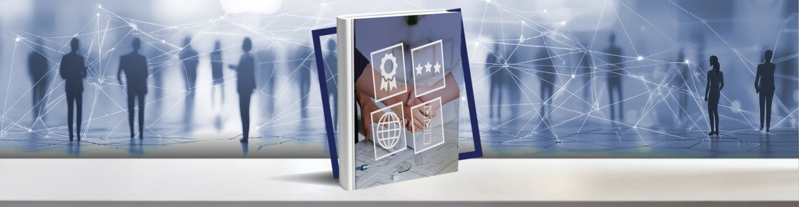 Banner con libro en primer plano con la portada con iconos que indican colaboraciones y certificaciones