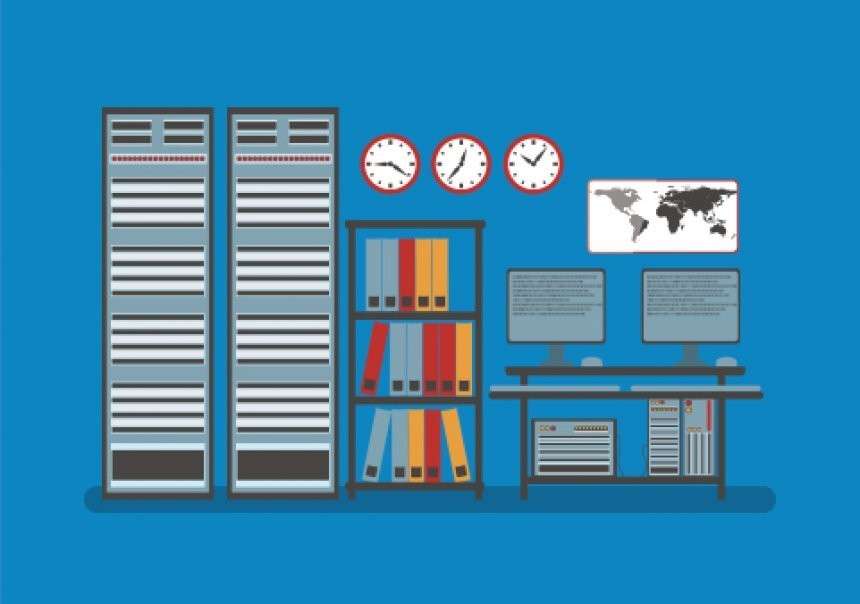 Imagen estilizada de una sala de datos con fondo azul