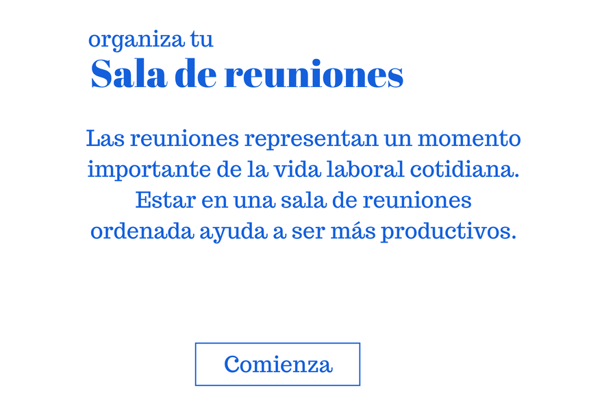 Texto: 'organiza tu Sala de reuniones'. Descripción sobre la importancia de salas ordenadas y botón 'Comienza'