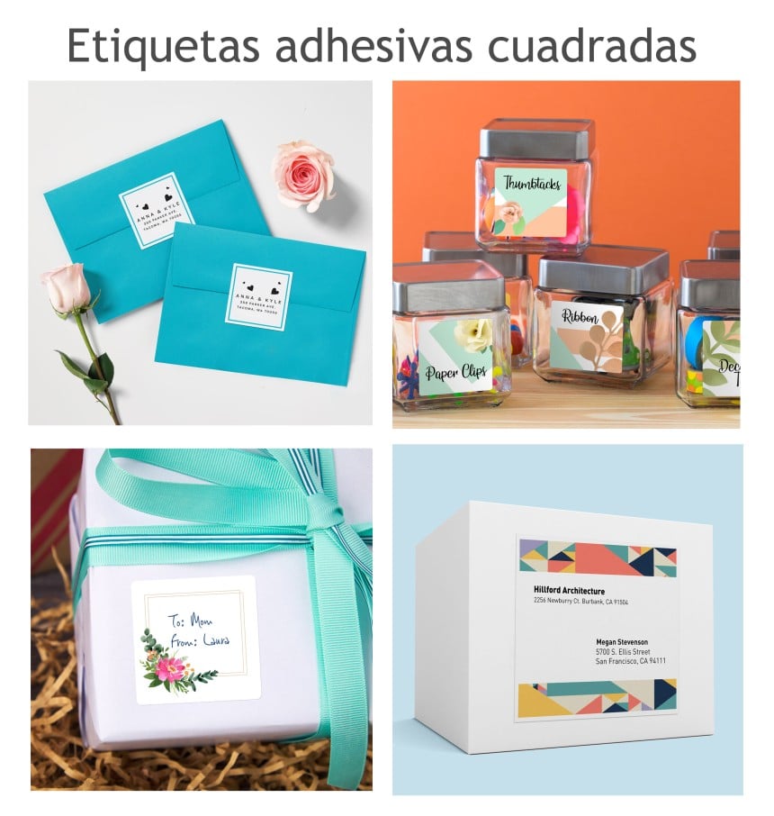 4 imágenes con etiquetas adhesivas cuadradas colocadas en cartas, tarros de especias, coneners y cajas
