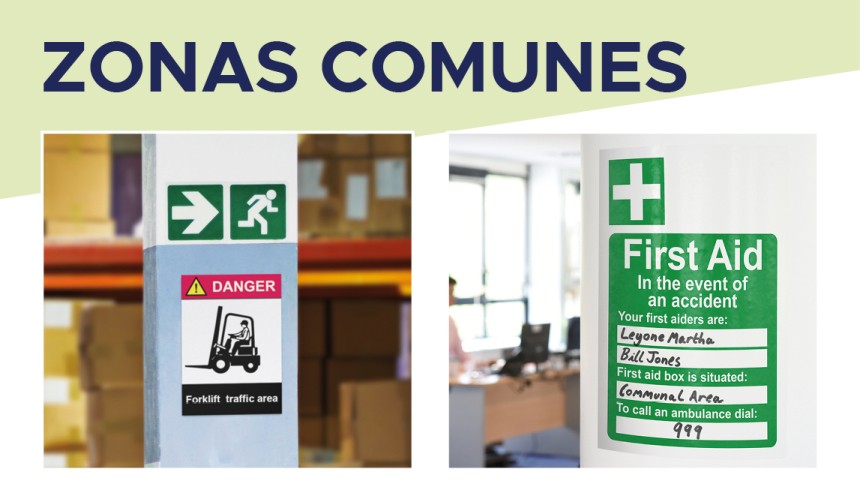 Zonas comunes con imágenes de carteles y señales de emergencia.Arriba el texto "zonas comunes"