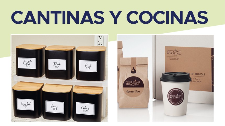 Tarros de especias y envases de comida para llevar con etiquetas adhesivas aplicadas.Arriba el texto "cantinas y cocinas"